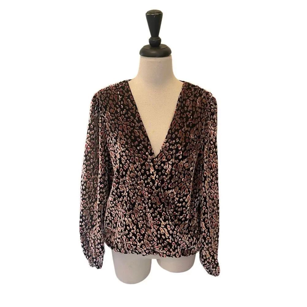 White House Black Market Women's Velvet Leopard Faux Wrap Top Black Pink Medium
